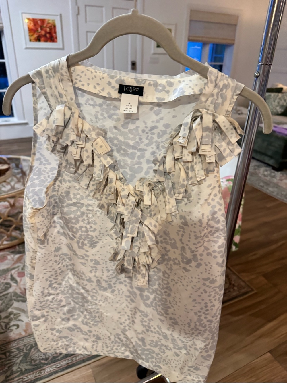 J. Crew Cream & Light Gray Ruffle V-Neck Sleeveless Blouse